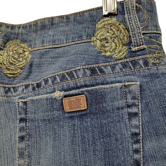 Guess Womens Size 32 Jeans Denim Embroidered Gold Roses Bootcut Factory Fade - Picture 13 of 15